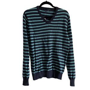 Gap Mens SZ M Navy Blue/Teal Striped V-Neck Long Sleeve 100% Cotton Sweater NWT